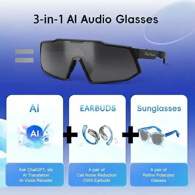 Alt view image 2 of 7 - AI Smart Glasses with Open-Ear Audio, Grey | Bluetooth Sunglasses, Polarized UV400, Hands-Free Calls, Real-Time Translation, 133-Language, IP65 Waterproof,Cycling Running