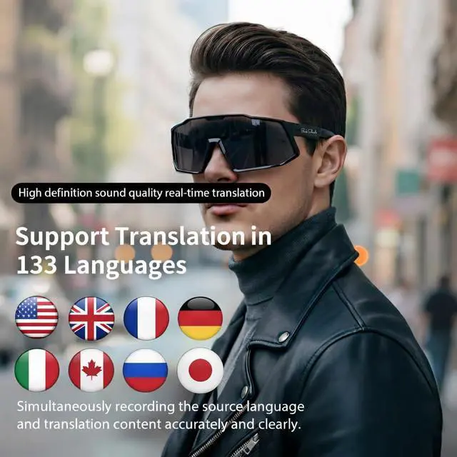 Alt view image 6 of 7 - AI Smart Glasses with Open-Ear Audio, Grey | Bluetooth Sunglasses, Polarized UV400, Hands-Free Calls, Real-Time Translation, 133-Language, IP65 Waterproof,Cycling Running