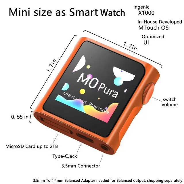 Alt view image 5 of 7 - M0 Pura Hi-Fi MP3 Player, Dual CS43131 DAC, 250mW@32 Balanced Output, LDAC Bluetooth 5.0, USB DAC/AMP, Supports 2TB, 1.54" Touch Screen, Hi-Res Audio Player (Orange)