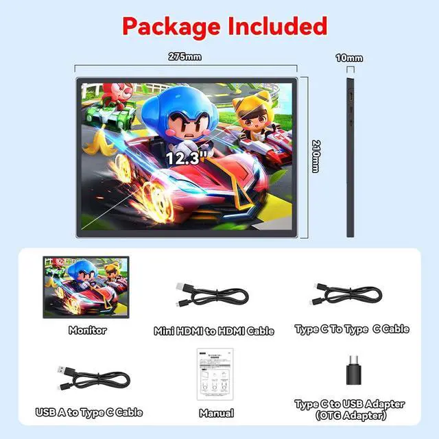 Alt view image 4 of 7 - S123E 12.3 Inches Portable Monitor Touchscreen Monitor for Switch/Switch 2 | 1920 x1280 Ultra Slim Mini Travel Monitor 1280P IPS Display 100% sRGB for Laptop Surface PC Xbox PS4/5 and Office