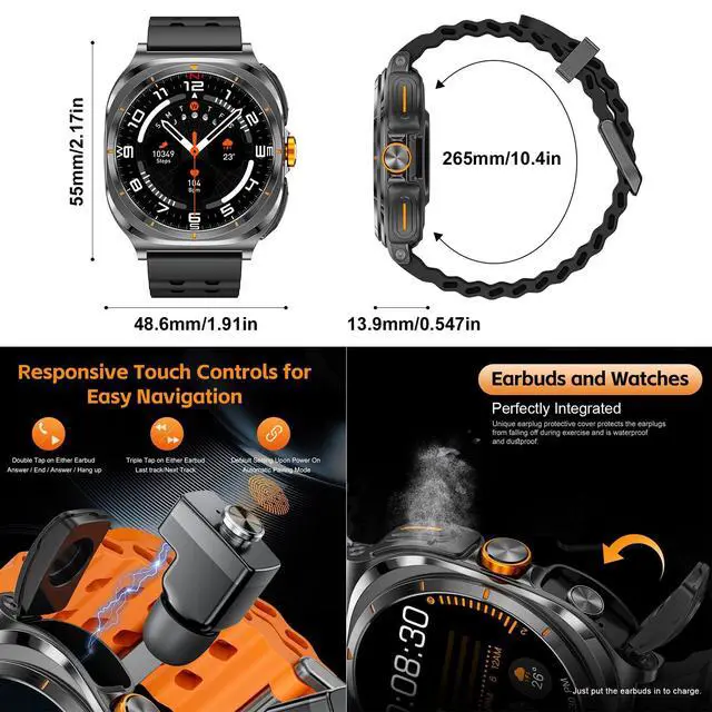 Alt view image 2 of 7 - Smartwatch with Earbuds(Orange & Black 2 Straps), Listen to Music, Answer/Make Calls, Sports Fitness Trackers with Heart Rate, Blood Oxygen, Sleep Monitor, Watch Gift for Men