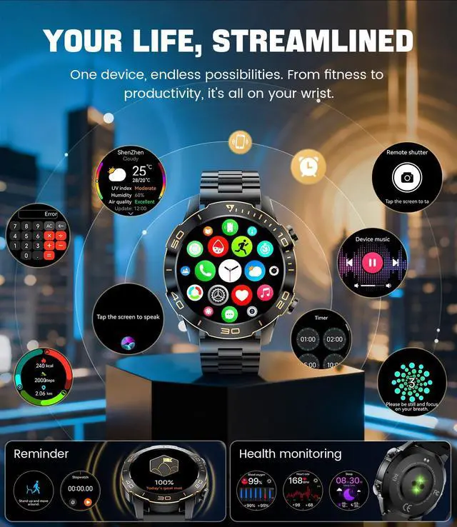Alt view image 7 of 7 - Smart Watches for Men Luxury for Android iPhone/50 Day Battery,Fitness Watch with Heart Rate/Blood Pressure/Sleep Monitor,Men's Smartwatch Amoled Display,100+ Sport Modes,IP68 Waterproof,Black, 40mm