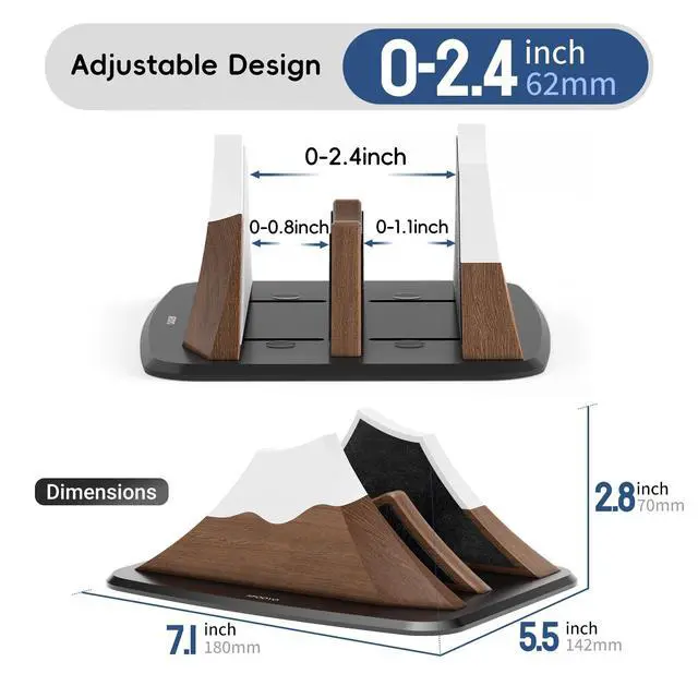 Alt view image 4 of 7 - Vertical Dual Laptop Stand - Snow Peak-Shaped Walnut Adjustable Laptop Holder,2 Slots Desktop Dock Compatible with All MacBook, Surface,Chromebook,Dell & More(Walnut)