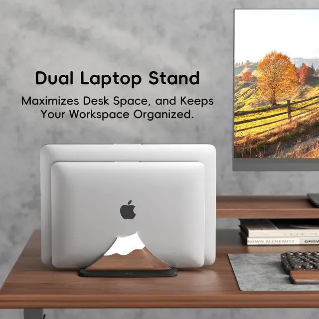 Alt view image 5 of 7 - Vertical Dual Laptop Stand - Snow Peak-Shaped Walnut Adjustable Laptop Holder,2 Slots Desktop Dock Compatible with All MacBook, Surface,Chromebook,Dell & More(Walnut)