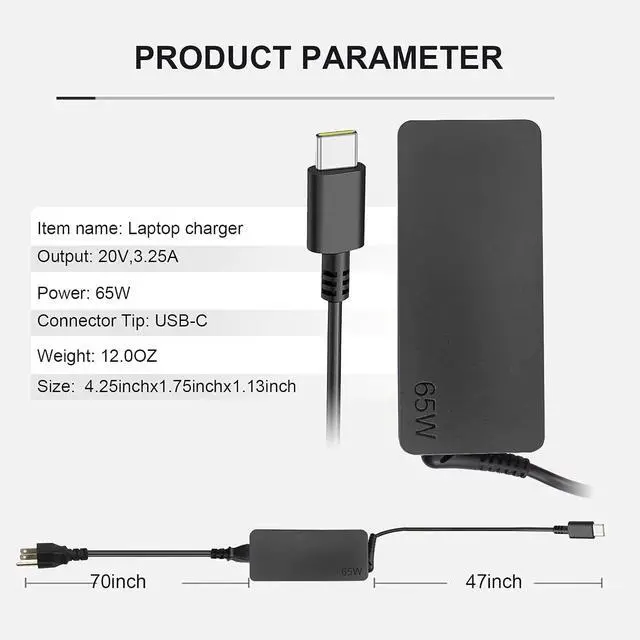 Alt view image 2 of 7 - USB C 65W Laptop Charger Compatible with Lenovo Thinkpad X1 X13 T14 T15 | T480s T580s ADLX65YDC2A ADLX65YLC2D Yoga 7i 9i C930 C940 Chromebook C330 S330 100e 300e 65W Laptop Power Supply Adapter Cord