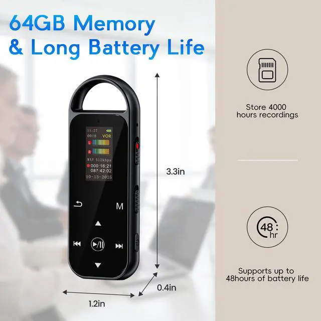 Alt view image 2 of 7 - 64GB Digital Voice Recorder,4600 Hours HD Voice Activated Recorder | AI-Intelligent Noise Reduction,A-B Repeat,Touch Button,Password,USB-C Recording Device for Lectures,Meetings,Interviews