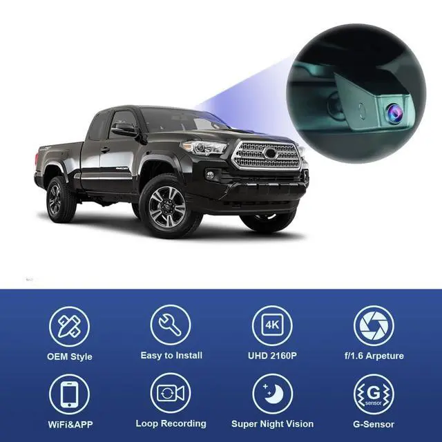 Alt view image 3 of 6 - 4K Dash Cam Suitable for Toyota Tacoma 2016 2017 (12 Pin) HD2-6275, OEM Factory Look, UHD 2160P Video, Built-in WiFi & APP, Loop Recording, G-Sensor, Night Vision, Plug & Play, 64GB Card