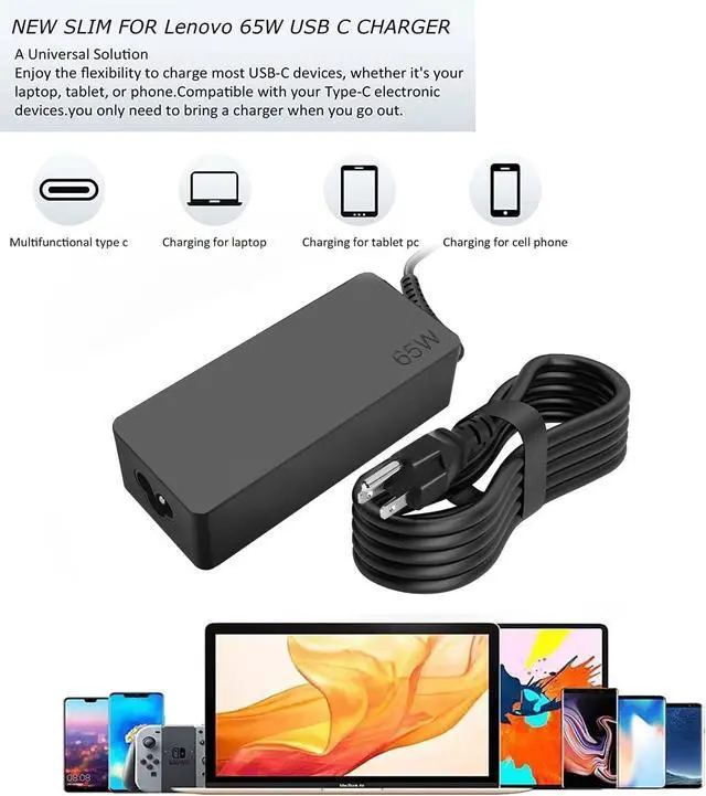 Alt view image 6 of 7 - USB C 65W Laptop Charger Compatible with Lenovo Thinkpad X1 X13 T14 T15 | T480s T580s ADLX65YDC2A ADLX65YLC2D Yoga 7i 9i C930 C940 Chromebook C330 S330 100e 300e 65W Laptop Power Supply Adapter Cord