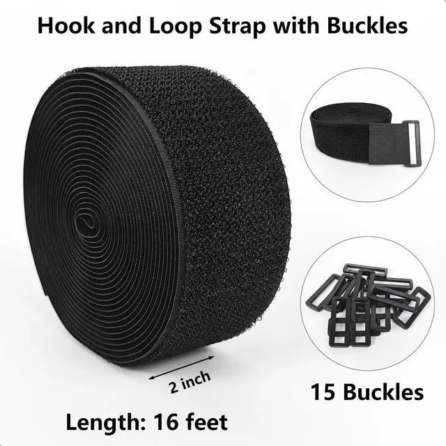 Alt view image 2 of 7 - Hook and Loop Straps with Buckles, Fastening Cinch Straps, 2'' x 16' | Cut to Length, 15 Buckles, Black, Heavy Duty, Strong Hold, Ideal for Bundling and Strapping