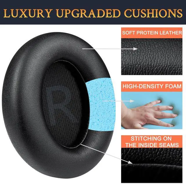 Alt view image 5 of 7 - Ear Pads for Anker Q45 (Soundcore Space Q 45) Headphones, Ear Cushions with Softer Protein Leather, Noise Isolation Foam - Black