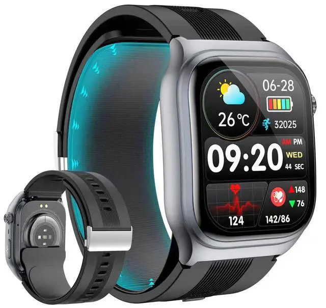 Main image of Blood Pressure Smart Watch Air Pump Air Bag, Voice Broadcast, Data Sharing, 2.06" AMOLED Fitness Tracker, 24/7 Heart Rate/Blood Oxygen/Sleep/Body Temperature,SOS,Black