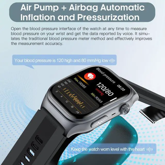 Alt view image 2 of 7 - Blood Pressure Smart Watch Air Pump Air Bag, Voice Broadcast, Data Sharing, 2.06" AMOLED Fitness Tracker, 24/7 Heart Rate/Blood Oxygen/Sleep/Body Temperature,SOS,Black