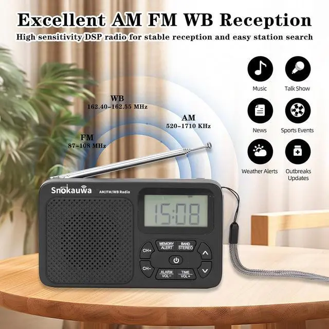 Alt view image 2 of 7 - AM FM Radio, Portable Emergency Weather NOAA Radio, Small Digital Radio with Dual Mode Storage, Digital Tuner, Sleep Timer, Wall Plug and Battery Powered (Grey)