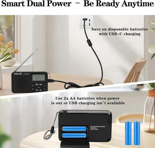 Alt view image 7 of 7 - AM FM Radio, Portable Emergency Weather NOAA Radio, Small Digital Radio with Dual Mode Storage, Digital Tuner, Sleep Timer, Wall Plug and Battery Powered (Grey)