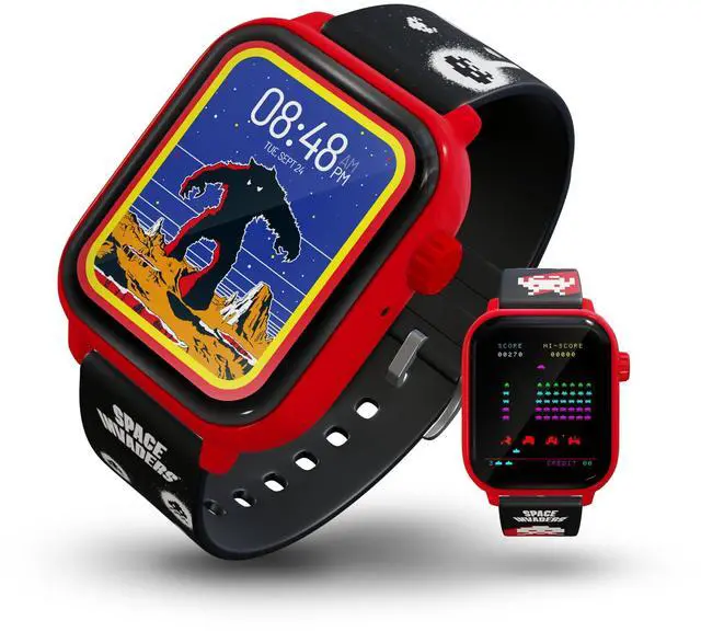 Main image of Space Invaders Retro Gaming Smart Watch, Selective Tech, Red | No Wi-Fi or Bluetooth, Fitness Tracking, Built-in Space Invaders Game, Custom Watch Faces, Classic Arcade Sound, IP67 Rating