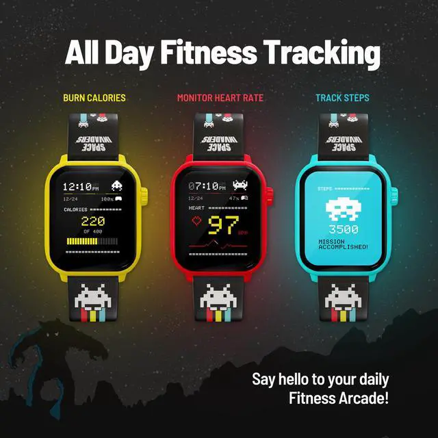 Alt view image 3 of 7 - Space Invaders Retro Gaming Smart Watch, Selective Tech, Red | No Wi-Fi or Bluetooth, Fitness Tracking, Built-in Space Invaders Game, Custom Watch Faces, Classic Arcade Sound, IP67 Rating