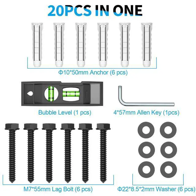 Alt view image 6 of 7 - Wall Anchors Hardware Kit for TV Wall Mount | Including M7 Lag Bolts, Wall Anchors, Washers, Allen Key, Bubble Level, TV Mounting Screws Kit for Wood Studs/Concrete/Brick