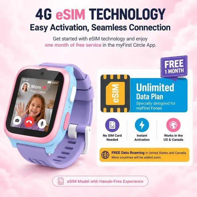 Alt view image 2 of 7 - Fone S3+ Kids Smart Watch 4G GPS Watch Phone for Kids, Smartwatch with eSIM, Video Voice Call, 2MP Camera, GPS Tracking, Text, Waterproof eSIM Dual Band, Gift for Boys Girls Age 8-12 (Cotton Candy)