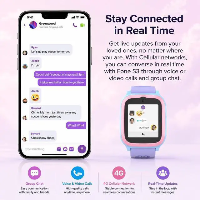 Alt view image 3 of 7 - Fone S3+ Kids Smart Watch 4G GPS Watch Phone for Kids, Smartwatch with eSIM, Video Voice Call, 2MP Camera, GPS Tracking, Text, Waterproof eSIM Dual Band, Gift for Boys Girls Age 8-12 (Cotton Candy)