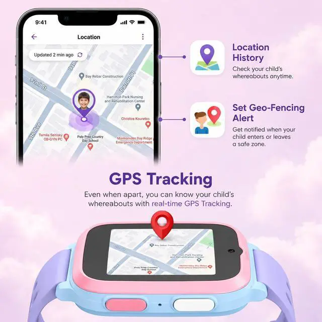Alt view image 5 of 7 - Fone S3+ Kids Smart Watch 4G GPS Watch Phone for Kids, Smartwatch with eSIM, Video Voice Call, 2MP Camera, GPS Tracking, Text, Waterproof eSIM Dual Band, Gift for Boys Girls Age 8-12 (Cotton Candy)