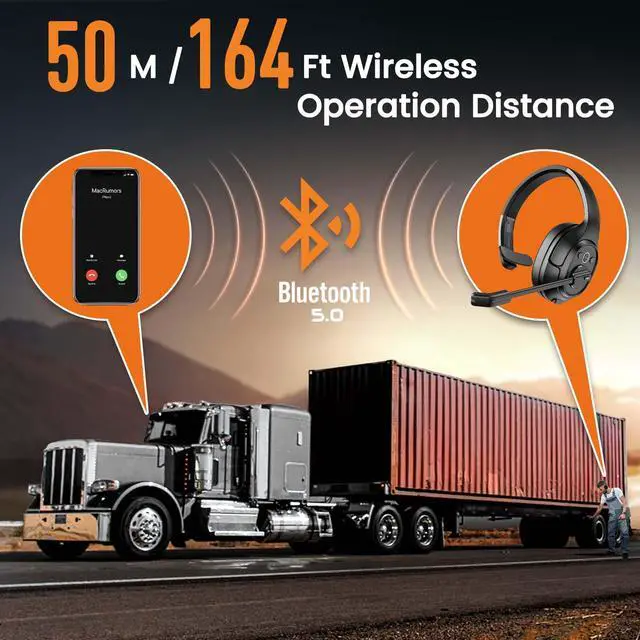 Alt view image 2 of 7 - Trucker Bluetooth Headset with Microphone, 164ft Wireless Headphones with AI Noise Cancelling(ENC), 57Hrs Worktime, Truck Drivers Headset with Mute Button for Cell Phone PC Home Office Work