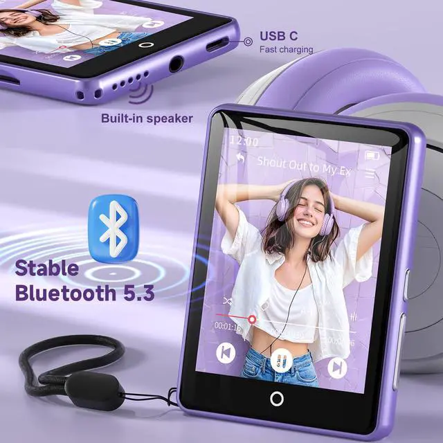 Alt view image 2 of 7 - 32GB MP3 Player with Bluetooth 5.3 Auto Reconnect, Zinc Alloy Frame | Built-in Speaker & White Noise, 2.8" Touchscreen, 48H Battery, Resume Playback, Supports 128GB microSD Card, Metallic Purple