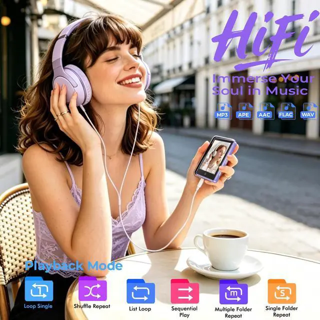 Alt view image 3 of 7 - 32GB MP3 Player with Bluetooth 5.3 Auto Reconnect, Zinc Alloy Frame | Built-in Speaker & White Noise, 2.8" Touchscreen, 48H Battery, Resume Playback, Supports 128GB microSD Card, Metallic Purple