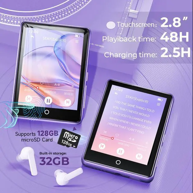 Alt view image 4 of 7 - 32GB MP3 Player with Bluetooth 5.3 Auto Reconnect, Zinc Alloy Frame | Built-in Speaker & White Noise, 2.8" Touchscreen, 48H Battery, Resume Playback, Supports 128GB microSD Card, Metallic Purple