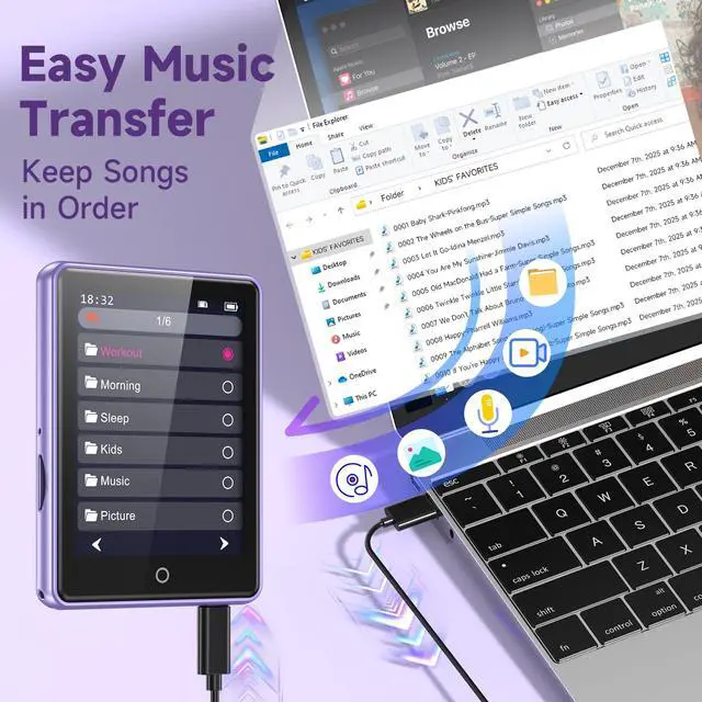 Alt view image 5 of 7 - 32GB MP3 Player with Bluetooth 5.3 Auto Reconnect, Zinc Alloy Frame | Built-in Speaker & White Noise, 2.8" Touchscreen, 48H Battery, Resume Playback, Supports 128GB microSD Card, Metallic Purple