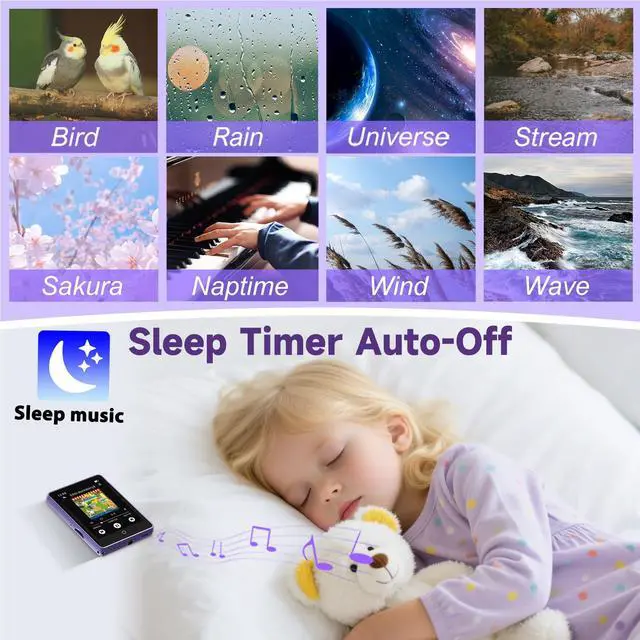 Alt view image 6 of 7 - 32GB MP3 Player with Bluetooth 5.3 Auto Reconnect, Zinc Alloy Frame | Built-in Speaker & White Noise, 2.8" Touchscreen, 48H Battery, Resume Playback, Supports 128GB microSD Card, Metallic Purple