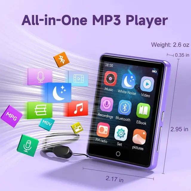 Alt view image 7 of 7 - 32GB MP3 Player with Bluetooth 5.3 Auto Reconnect, Zinc Alloy Frame | Built-in Speaker & White Noise, 2.8" Touchscreen, 48H Battery, Resume Playback, Supports 128GB microSD Card, Metallic Purple