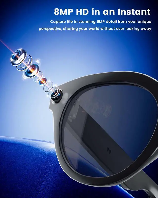 Alt view image 3 of 7 - AI Smart Glasses with 8MP Camera, Continuous 12-Min 1200P Video Recording, Real-Time Translation & Voice Assistant, Open-Ear Bluetooth Audio for Vlogging, Travel & Meetings
