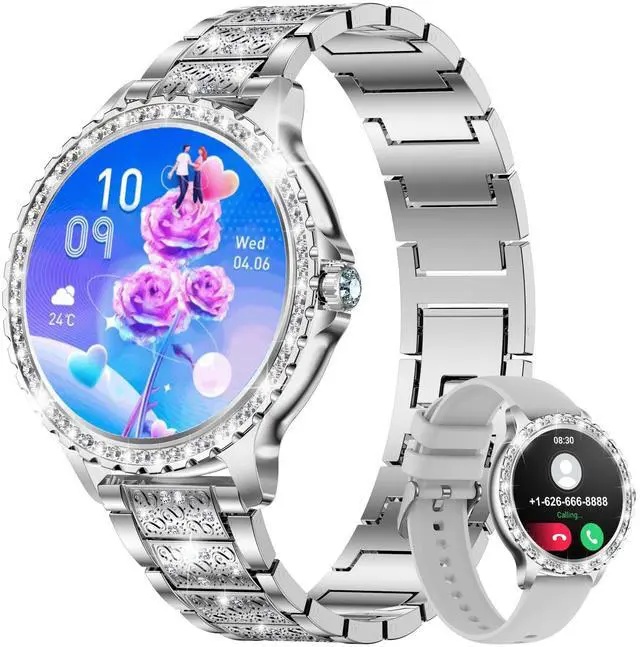Main image of Smart Watch for Women(Answer/Make Calls),1.3" HD Diamonds Luxury Smartwatch for Android iPhone Phones,Fitness Trackers with 20+ Sport Modes/HR/IP68 Waterproof/SpO2/Sleep Monitor/Pedometer,Silver