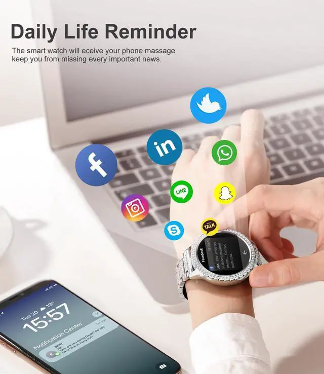 Alt view image 3 of 7 - Smart Watch for Women(Answer/Make Calls),1.3" HD Diamonds Luxury Smartwatch for Android iPhone Phones,Fitness Trackers with 20+ Sport Modes/HR/IP68 Waterproof/SpO2/Sleep Monitor/Pedometer,Silver