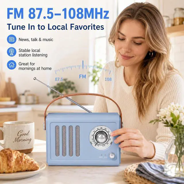 Alt view image 4 of 7 - Portable Radio with Bluetooth Over 20 Hours Playtime FM Radio,Vintage Radio Bluetooth Speaker with Subwoofer,USB/AUX/Type-C for Home, Office (Light Blue)