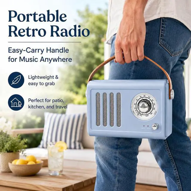 Alt view image 5 of 7 - Portable Radio with Bluetooth Over 20 Hours Playtime FM Radio,Vintage Radio Bluetooth Speaker with Subwoofer,USB/AUX/Type-C for Home, Office (Light Blue)