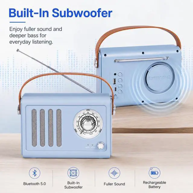 Alt view image 6 of 7 - Portable Radio with Bluetooth Over 20 Hours Playtime FM Radio,Vintage Radio Bluetooth Speaker with Subwoofer,USB/AUX/Type-C for Home, Office (Light Blue)