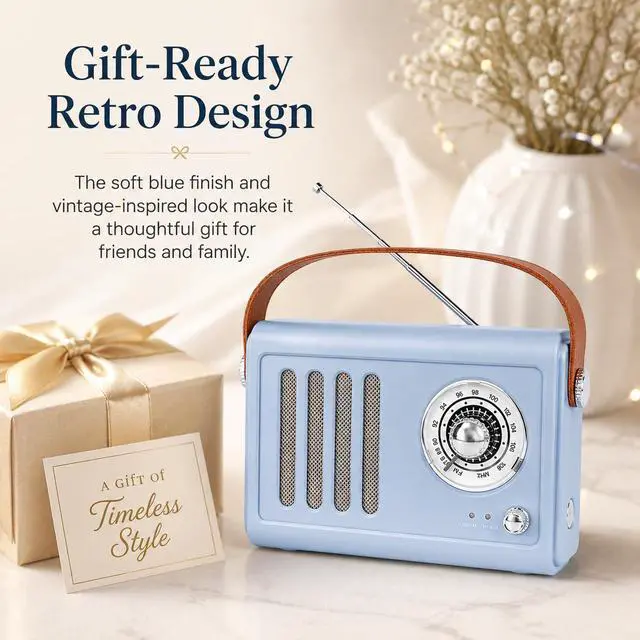 Alt view image 7 of 7 - Portable Radio with Bluetooth Over 20 Hours Playtime FM Radio,Vintage Radio Bluetooth Speaker with Subwoofer,USB/AUX/Type-C for Home, Office (Light Blue)