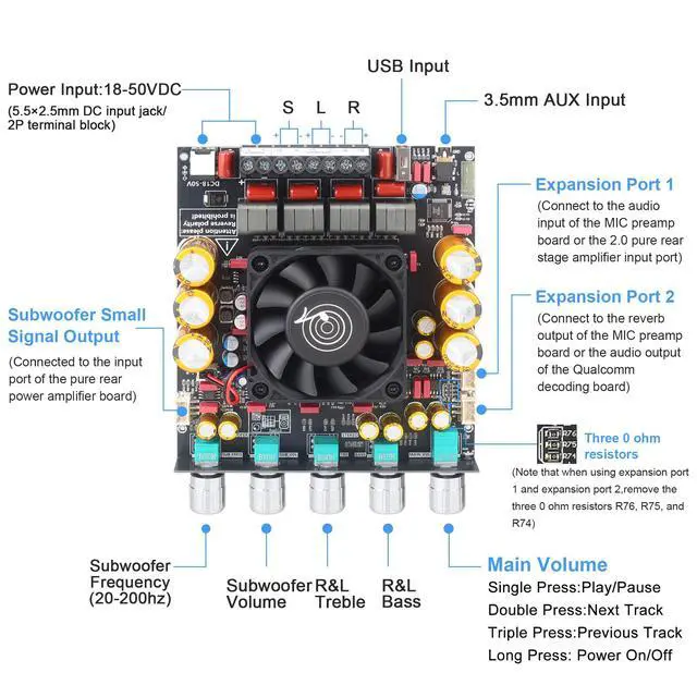 Alt view image 2 of 6 - ZK-AS21P Bluetooth Amplifier Board 300W+300W+600W Output, 18-50V DC Wide Voltage Input, Vehicle Amplifier (ZK-AS21P)