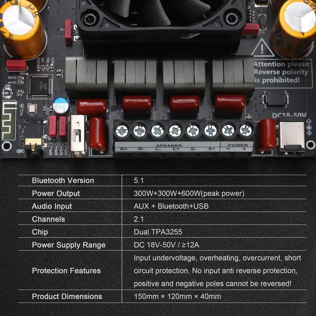 Alt view image 5 of 6 - ZK-AS21P Bluetooth Amplifier Board 300W+300W+600W Output, 18-50V DC Wide Voltage Input, Vehicle Amplifier (ZK-AS21P)