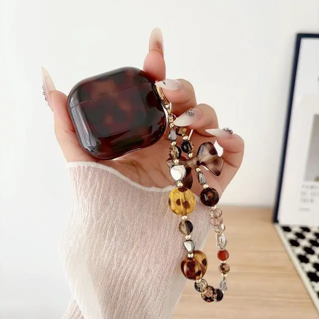 Alt view image 3 of 7 - for AirPods 4 Case with Lanyard, Soft TPU Brown Tortoise Shell Amber Leopard Pattern for Women Girls Cover with Strap Charm Keychain for AirPods 4