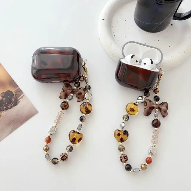 Alt view image 7 of 7 - for AirPods 4 Case with Lanyard, Soft TPU Brown Tortoise Shell Amber Leopard Pattern for Women Girls Cover with Strap Charm Keychain for AirPods 4