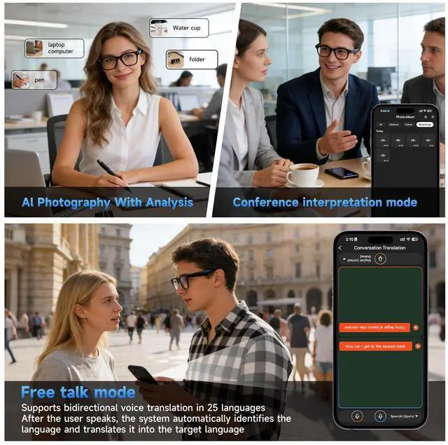 Alt view image 6 of 7 - AI Smart Glasses with Camera,AI Voice Assistant,8MP/1080P HD Video & Audio Recording Camera, Real-Time Voice Translation, Bluetooth Connectivity, Photochromic Sunglass Lenses for Men & Women