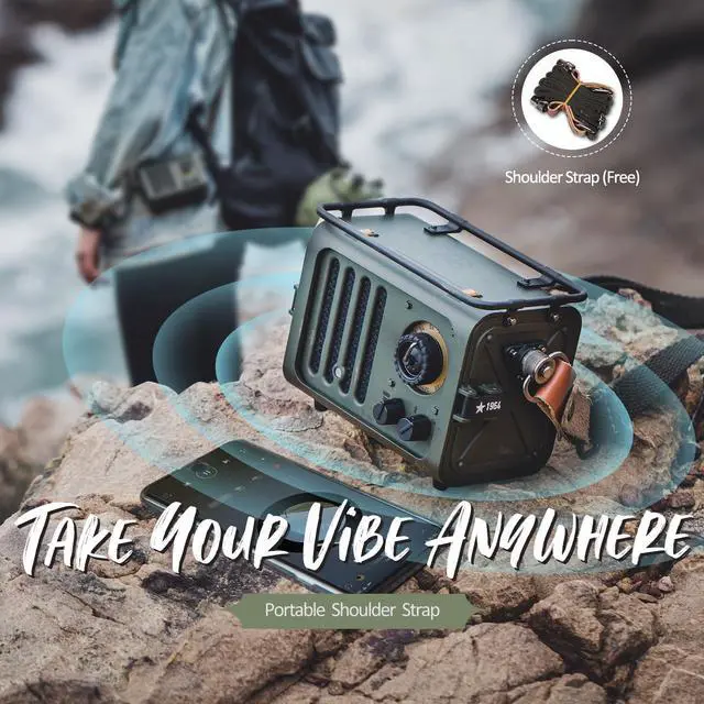 Alt view image 4 of 6 - Wild Radiooo Portable Bluetooth Speaker, FM Radio Speaker with Portable Shoulder Strap, Vintage Rugged Wireless Speaker, Metal Outer Case, Loud Stereo Sound, for Home Outdoor Travel Camping