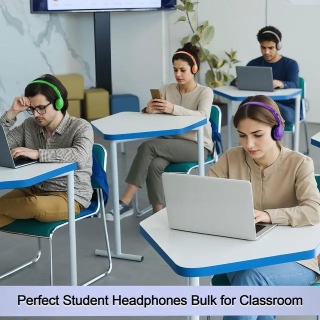 Alt view image 5 of 6 - 30 Pack Bulk Over Ear Headphones Set On Ear Headsets Earphones with Adjustable Headband and 3.5mm Plug for Group Learning, Computer Lab, Library, Online Lesson (Bright Color)