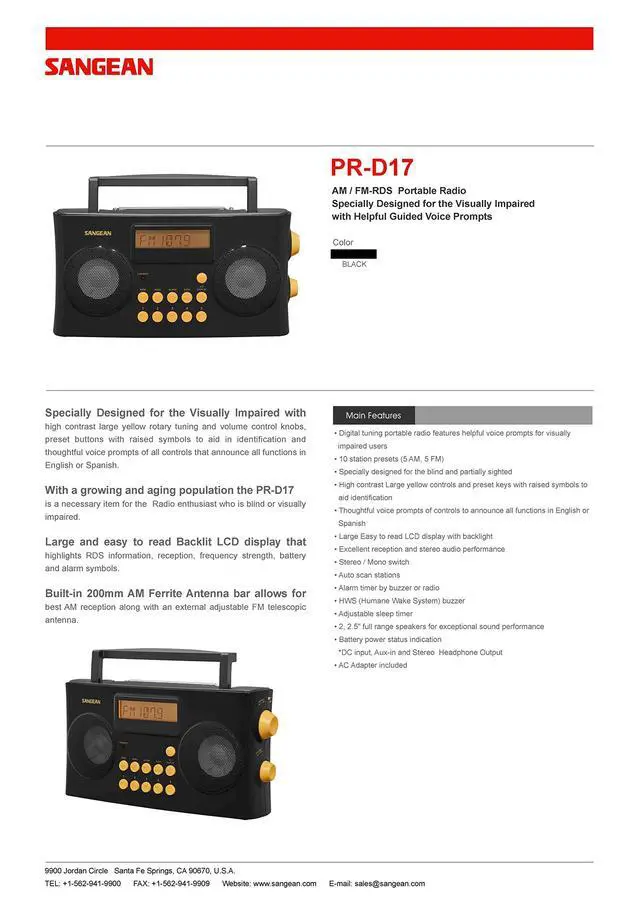Alt view image 4 of 5 - PR-D17 AM/FM-RDS Portable Radio Specially Designed for The Visually Impaired with Helpful Guided Voice Prompts, high Contrast Large Yellow Controls with Raised Symbols