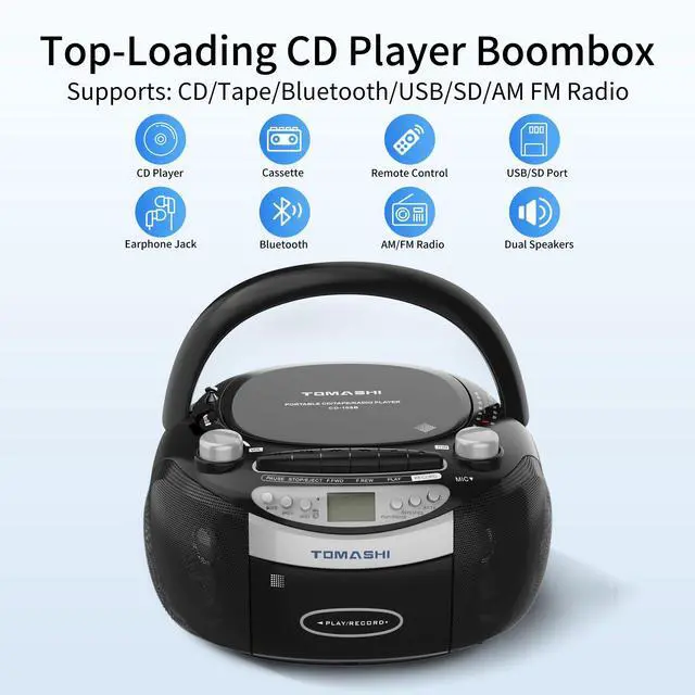 Alt view image 2 of 7 - Bluetooth CD Player & Boombox with Cassette Tape Player, CD and Cassette Player Combo, AM/FM Radio, Tape Recording, USB/SD Playback, Remote Control, AC/DC Power