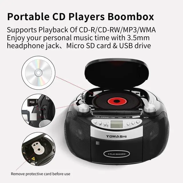 Alt view image 3 of 7 - Bluetooth CD Player & Boombox with Cassette Tape Player, CD and Cassette Player Combo, AM/FM Radio, Tape Recording, USB/SD Playback, Remote Control, AC/DC Power