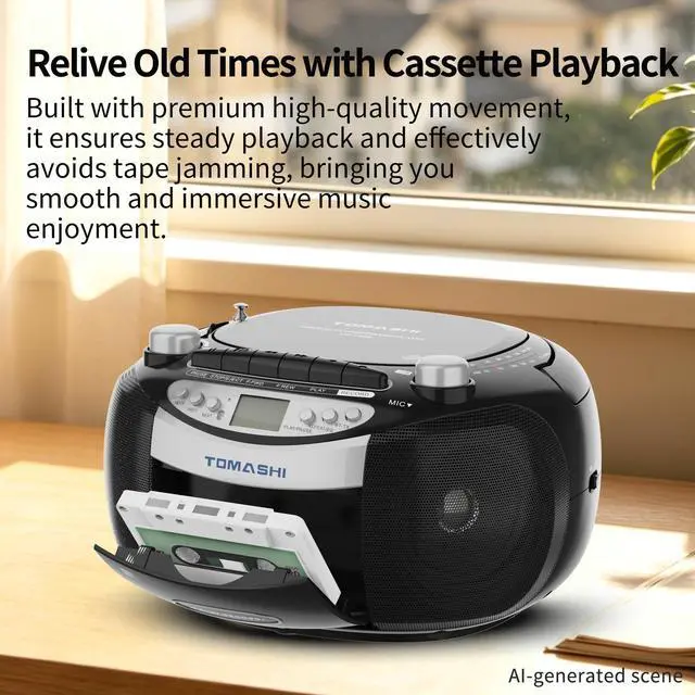 Alt view image 4 of 7 - Bluetooth CD Player & Boombox with Cassette Tape Player, CD and Cassette Player Combo, AM/FM Radio, Tape Recording, USB/SD Playback, Remote Control, AC/DC Power