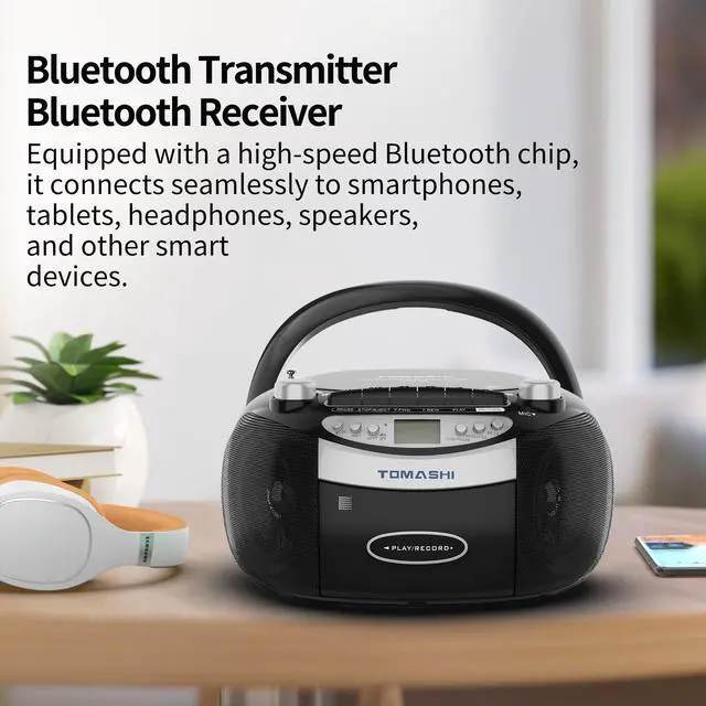 Alt view image 6 of 7 - Bluetooth CD Player & Boombox with Cassette Tape Player, CD and Cassette Player Combo, AM/FM Radio, Tape Recording, USB/SD Playback, Remote Control, AC/DC Power